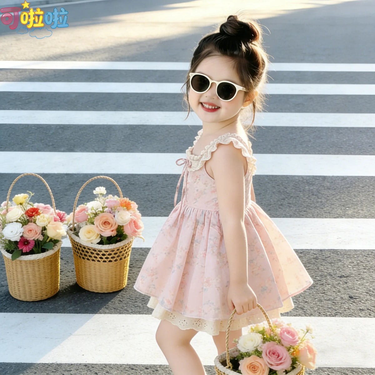 Girls' New Summer Korean Style Floral Print Sweet Princess Dress with Small Flutter Sleeves and Lace