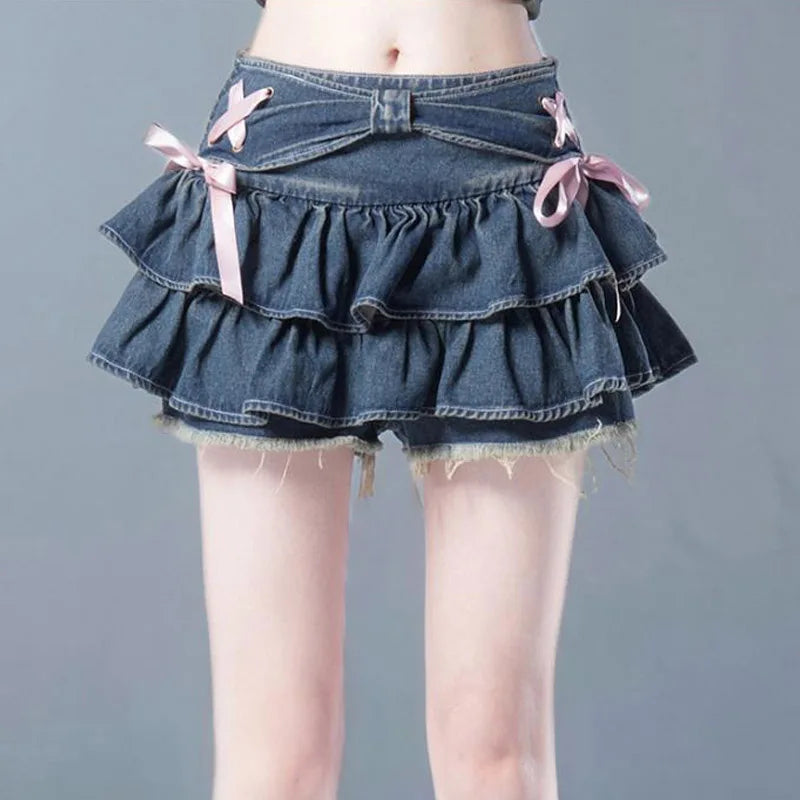 New Fashion Women Hot Girl Sweet Kawaii Bow Vintage Y2k Clothes American Streetwear Sexy Summer A-line Gothic Mini Denim Skirts