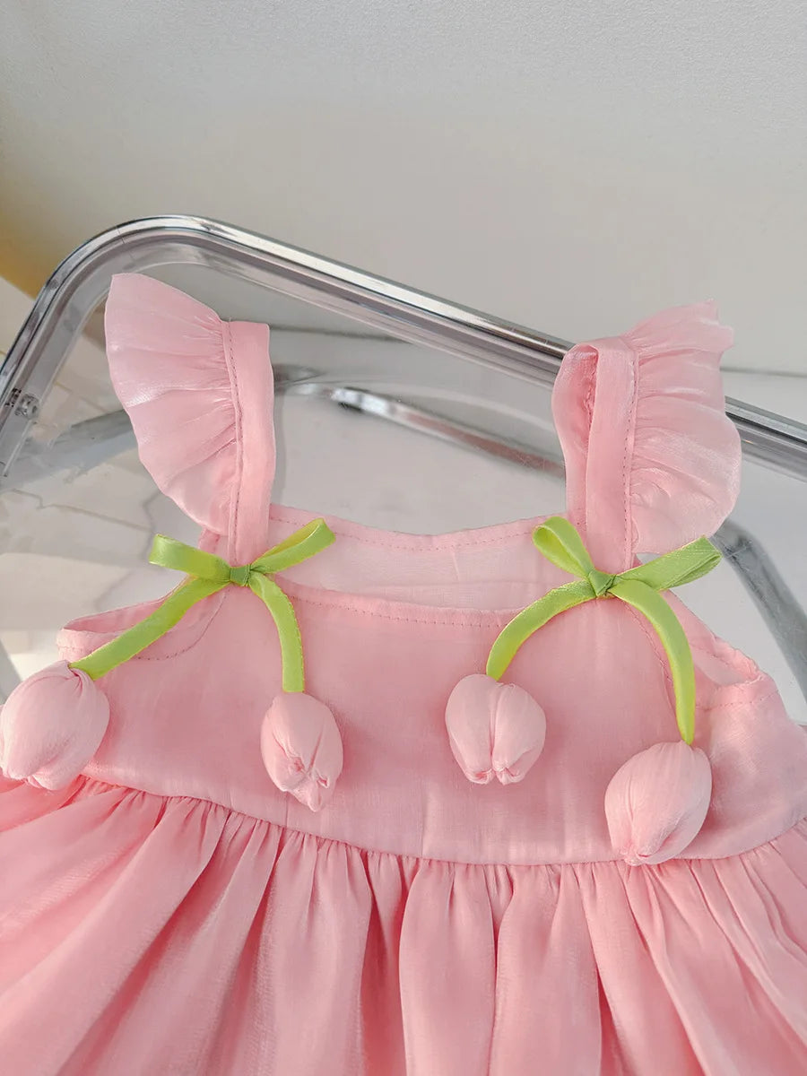Summer New Tulip Pattern Solid Color Halter Puffy Girl Kid's Dress Cute Casual Princess Dress For Baby Girl ( 0-2 Years Old)