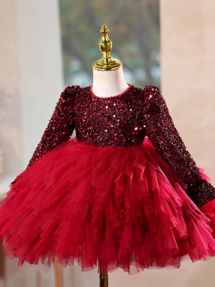 Dreamy Vow D204 Christmas Flower Girl Dress Knee Length Long Sleeve Princess Kids Wedding Birthday Festival Party Pageant Gown