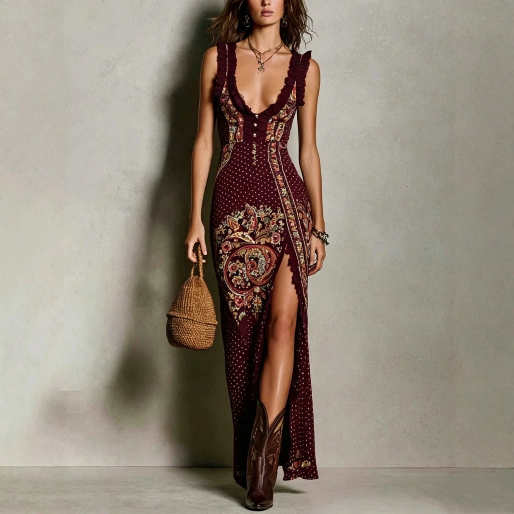 2026 European American Women Digital Print Sleeveless Vest Split Maxi Dress Vacation Style