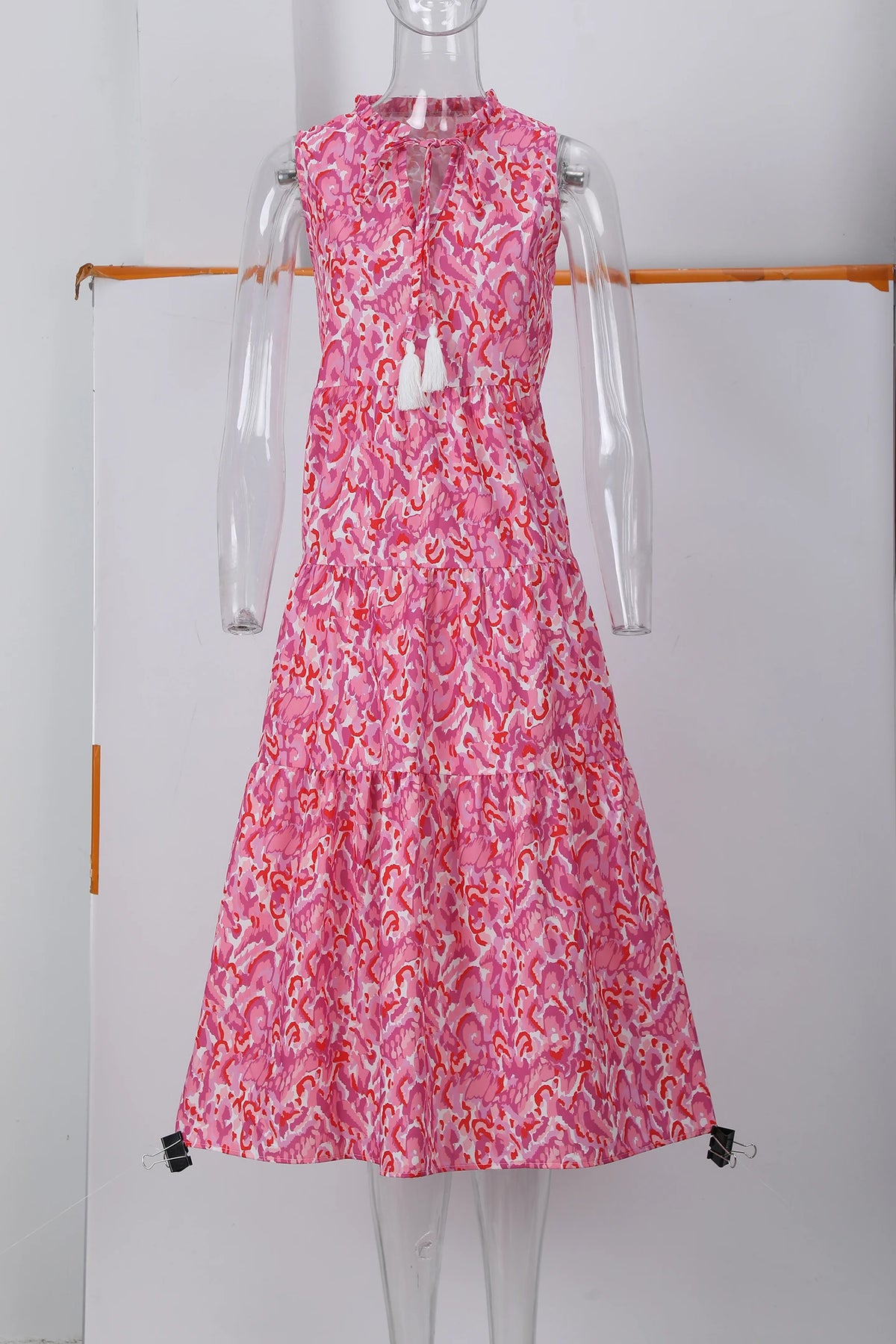 New European and American Summer Cross-border Seaside Vacation Mid to Long Sleeveless V-neck Tassel Abstract Print Dress