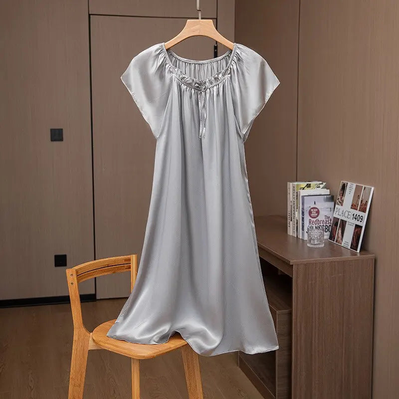 Loose 100%Silk Short Sleeve Nightgown, Summer Medium-long Satin Sleepwear Woman