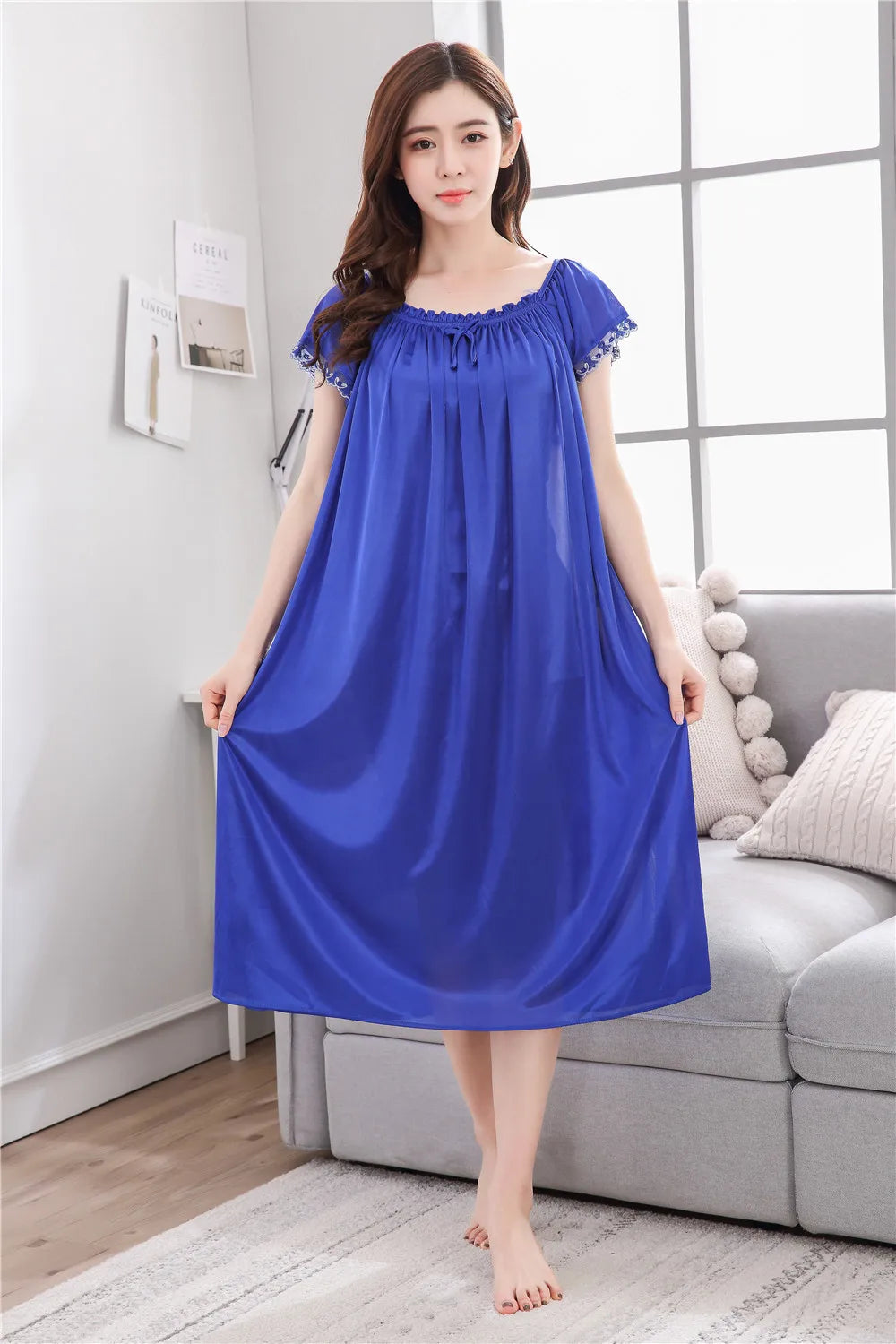 2026 New Women's Summer Imitation Silk Sleeping Skirt Multi Colored Short Sleeved Home Clothes Ice Silk Pajama Dress