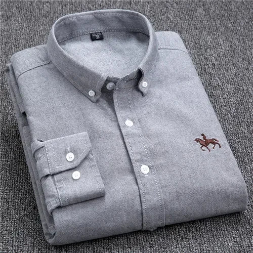Premium Pure Cotton Oxford Shirt For Men Long Sleeve With Embroidered Horse Design Regular Fit White Dress Shirt