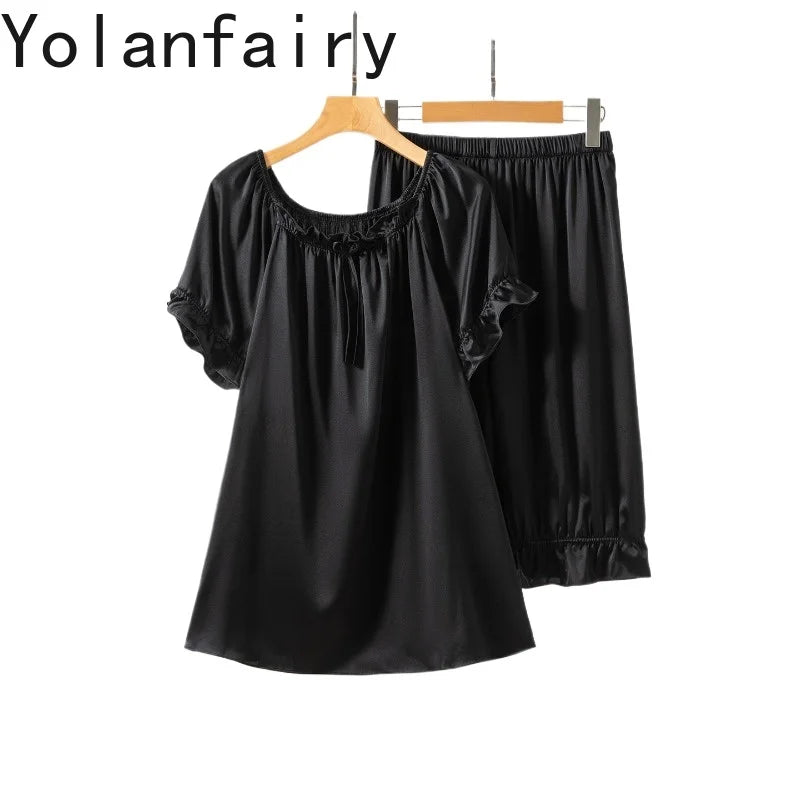YOLANFAIRY 93% Real Mulberry Silk Pajamas for Woman 2026 Spring Summer High-end Sets Woman 2 Piece Short Sleeve Pijamas De Mujer