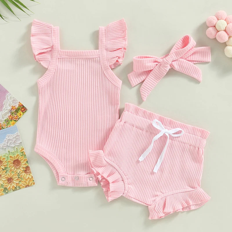 0-18M Summer Lovely Toddler Baby Girls Boys Clothes Sets Solid Knit Ruffles Sleeve Bodysuit Romper Tops Shorts 2Pcs Clothes