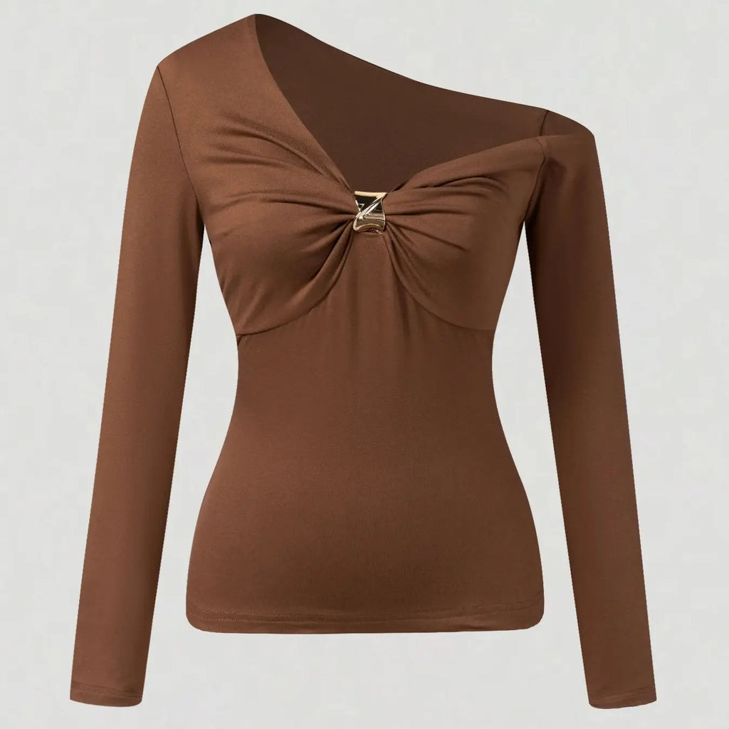 Women's T-Shirt Off Shoulder Long Sleeve Metal Buckle Ruched Slim Tops Sexy Tee Spring Summer Trendy T-Shirt Party Stretchy Tops