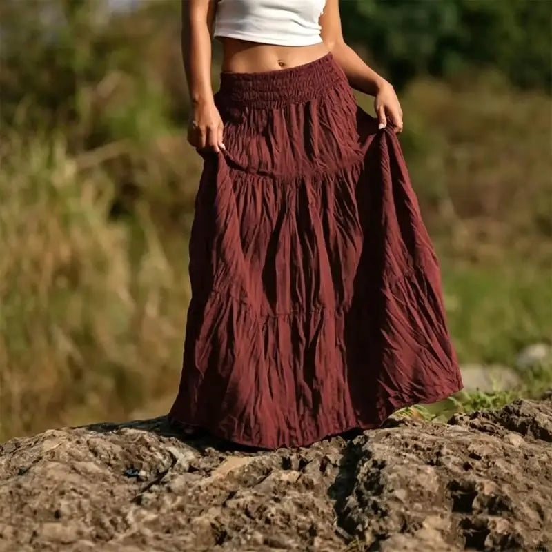 77HE Skirts for Women, Long Maxi Flowy Skirts, A-Line Ruffle Elastic High Waist Tiered Casual Beach