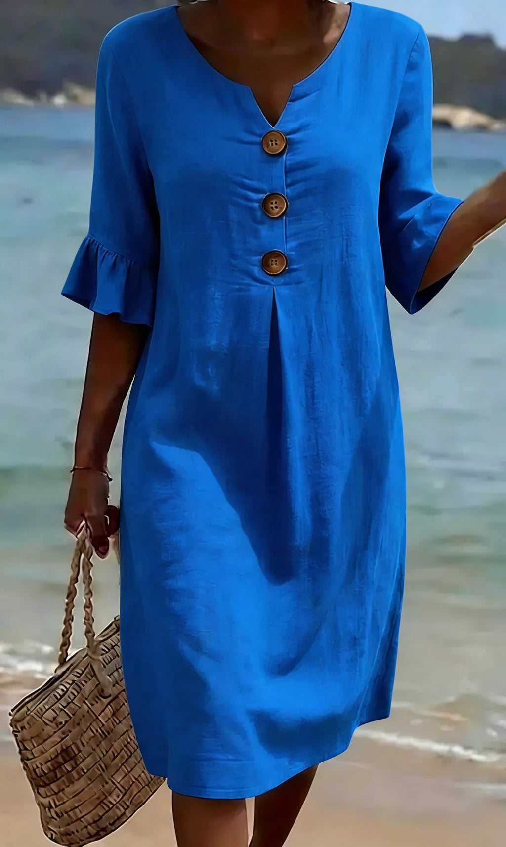 Simple Casual Women's Solid Color Midi Dress V Neck Button 3/4 Sleeve Loose 2026 New Summer Beach Vacation Dresses With Pockets