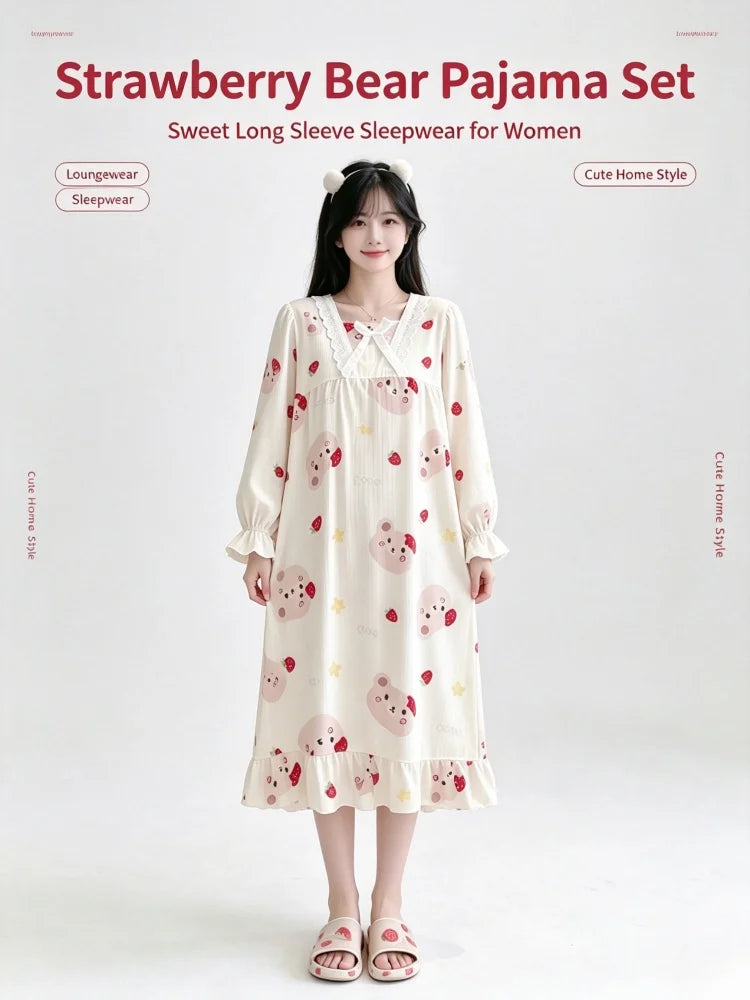 Kawaii Bear Strawberry Print Women Pajamas, Long Sleeve Lace Neck Loose Sleep Set, Casual Daily Home Loungewea