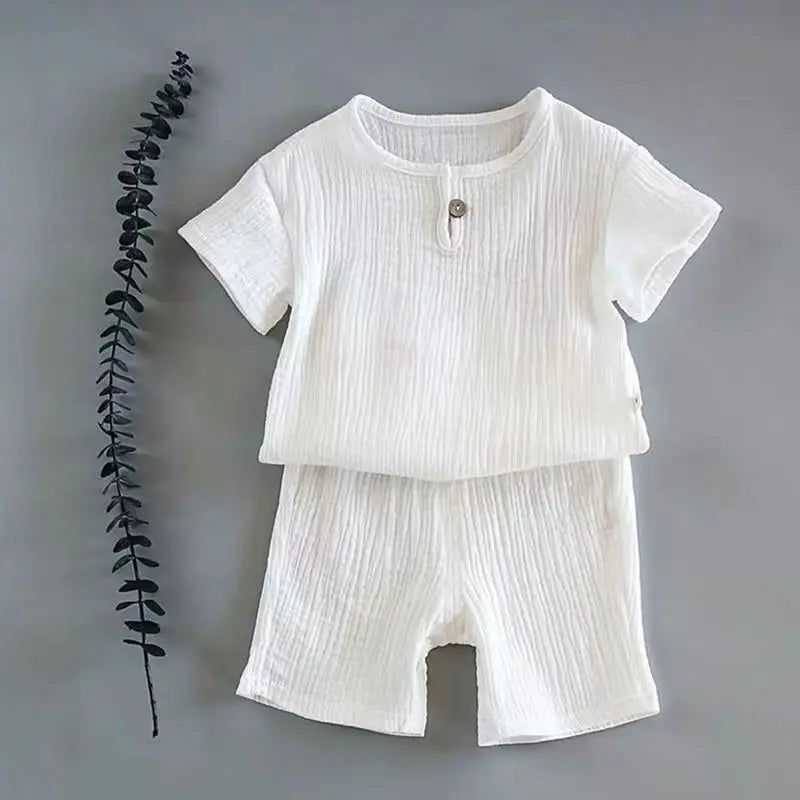 Summer Kids' Sets and Outfits Boys Girls Cotton Linen Muslin Suit for Children T-shirt Tops + Shorts Baby Loungewear Clothing