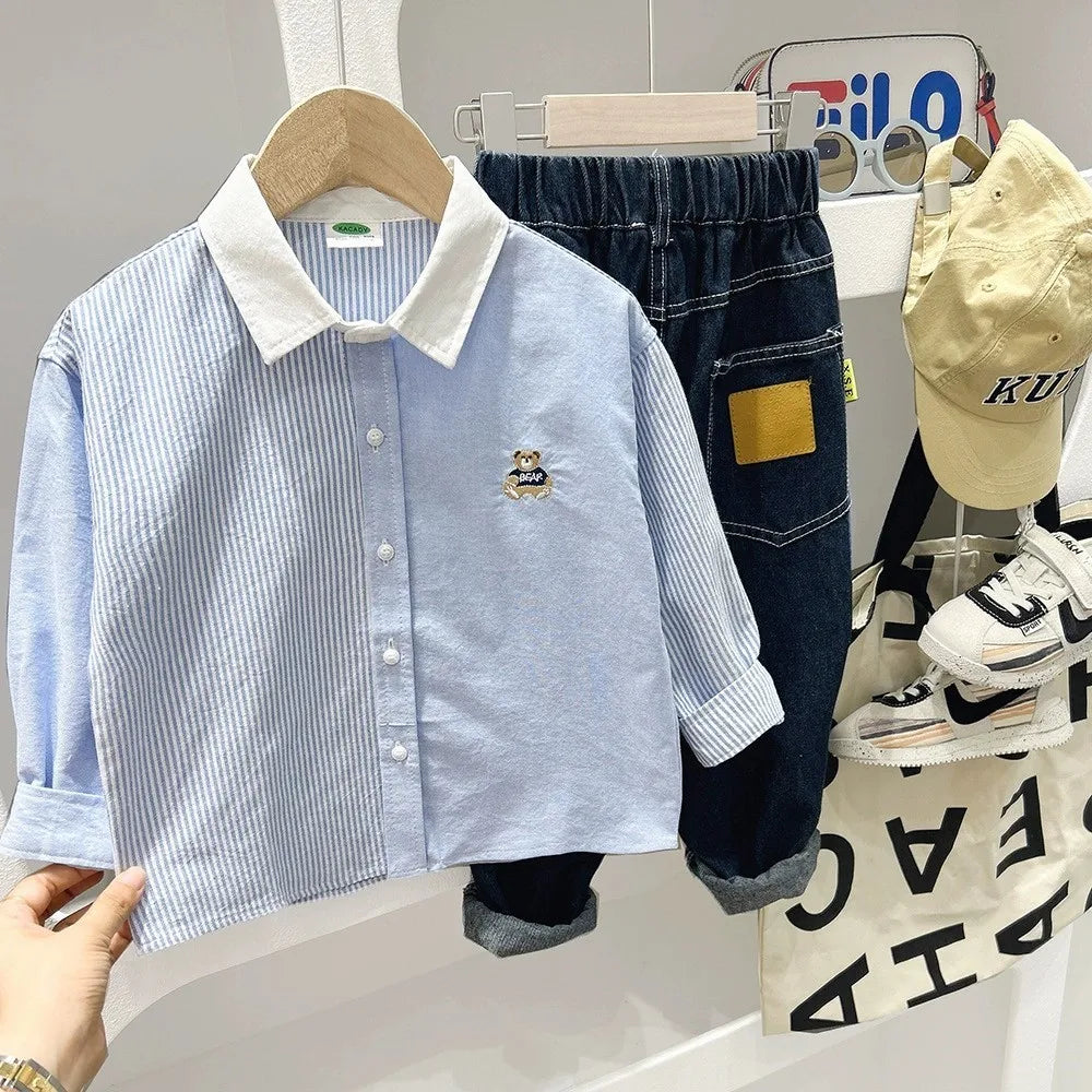Children's Autumn Long Sleeve Shirt 2025 New Style Boys' Oxford Spinning Thin Coat Middle and Large Children's Casual Cartoon Sh