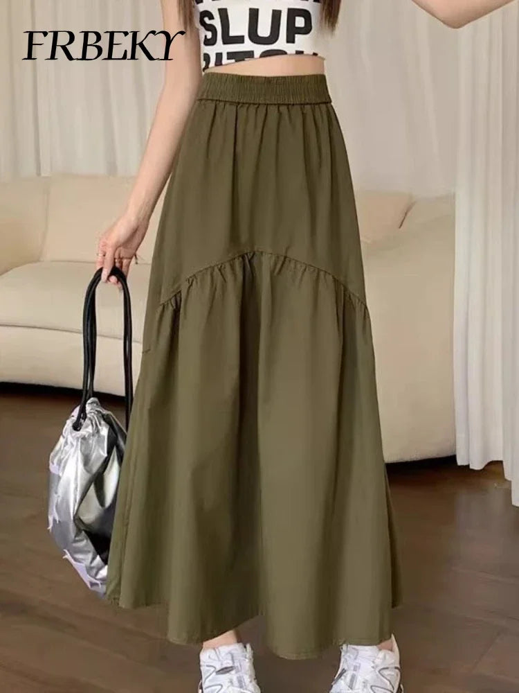 Elegant Women's Skirt Autumn New A-line Simple Fashion Solid Color Bustier Korean Pleated Splicing Elastic Waist Long Skirt