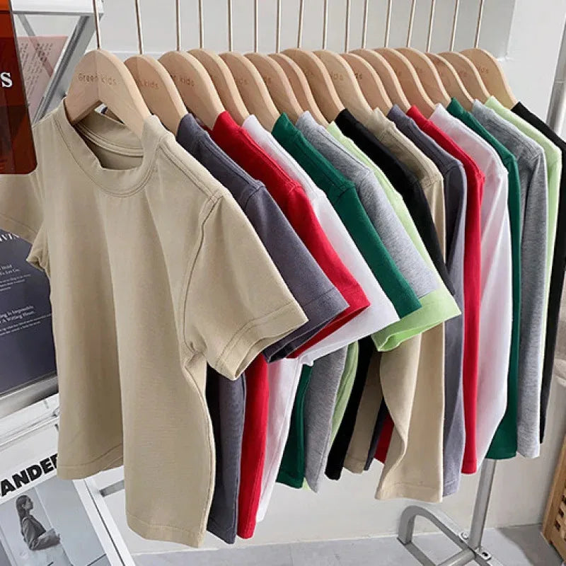 Kids Solid Color Cotton T-Shirt 2026 Spring Summer New Boys Girls Round Neck Short Sleeve Basic Tops Children Casual Tees