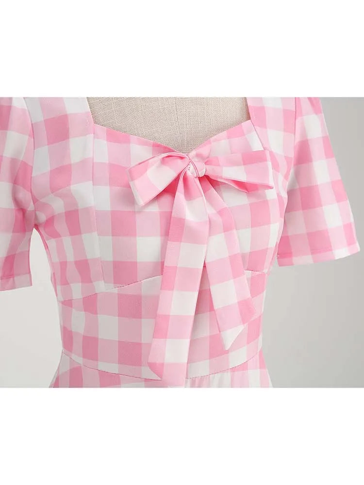 Pink Plaid Swing Party Dresses Women Elegant Vintage Square Collar Short Sleeve Casual Summer Dress