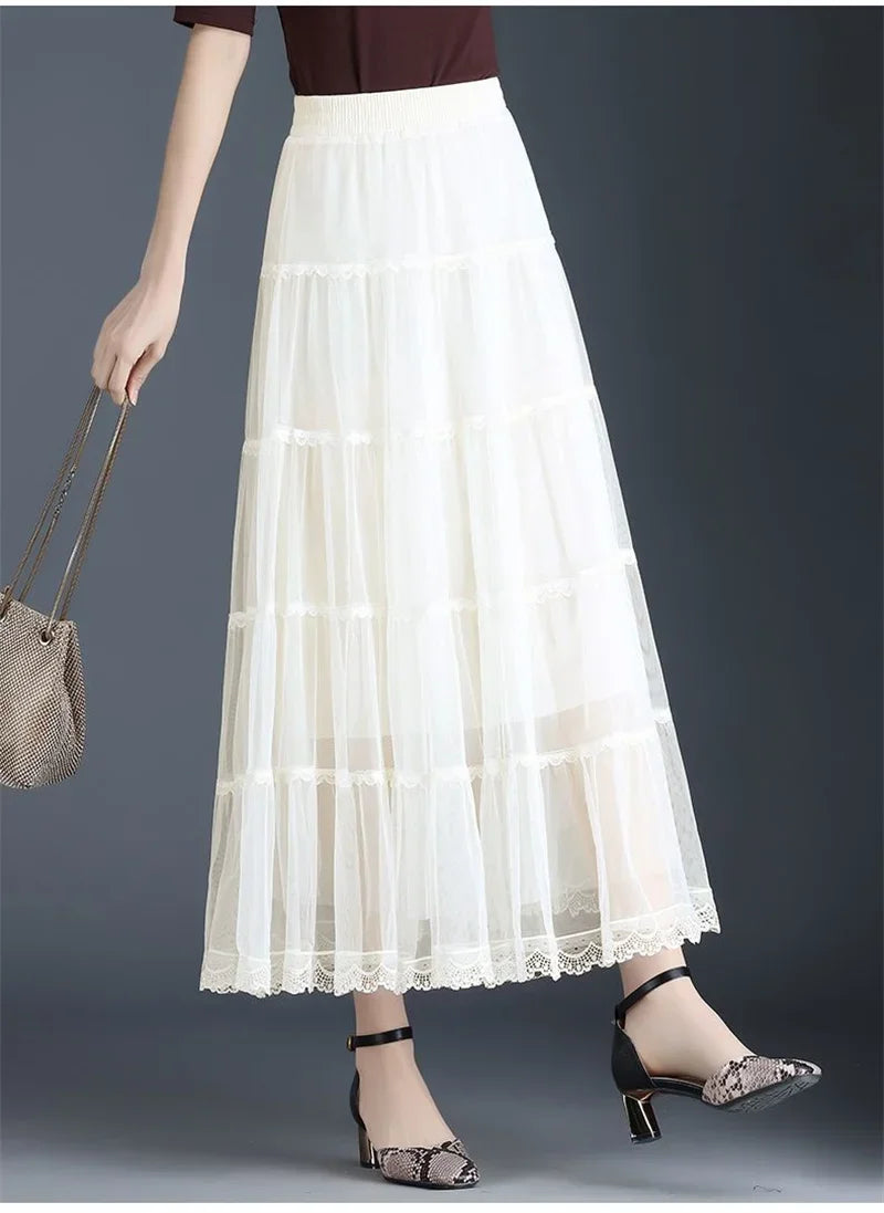 Pop Pop Long Tulle Skirt Women 2024 Spring Summer Elastic High Waist A-Line Mesh Pleated Puffy Skirt Female Elegant Lace Midi Sk