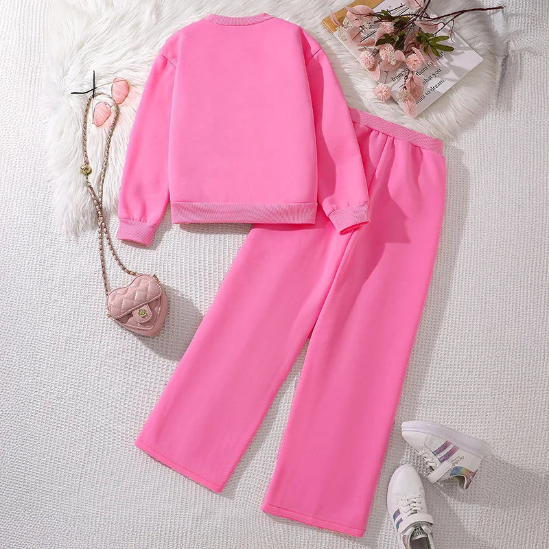 Children‘s Autumn Winter Warm Clothes Sets For Girls Solid Color Heart Print Top And Pants Daily Causal Sports Loose Lounge Wear
