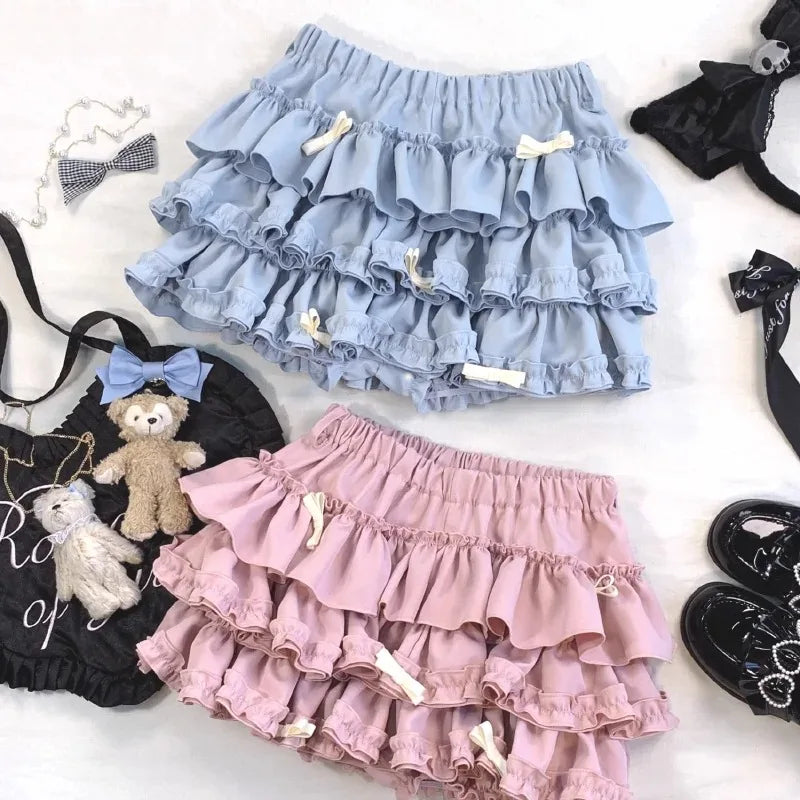 Y2K Sweet Ruffles Mini Skirt Women Kawaii Lolita Bow A Line Skirts Harajuku Japanese Cute High Waist Pink Blue Cake Skirt