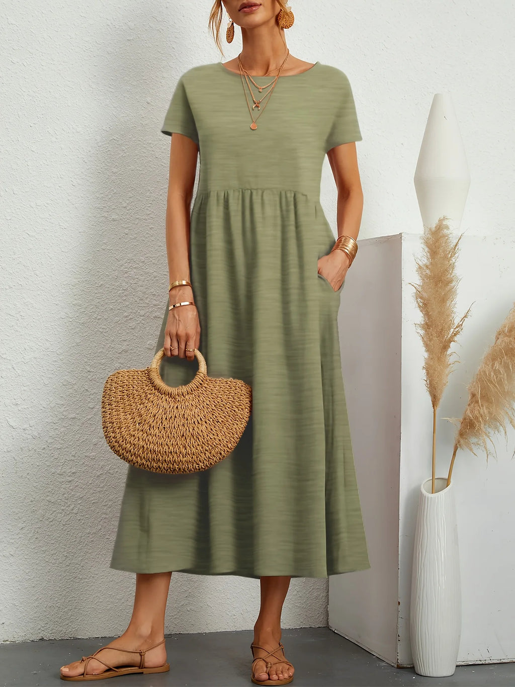 New Casual Round Neck Short Sleeve Solid Flowy Maxi Dress Women EU US Gown