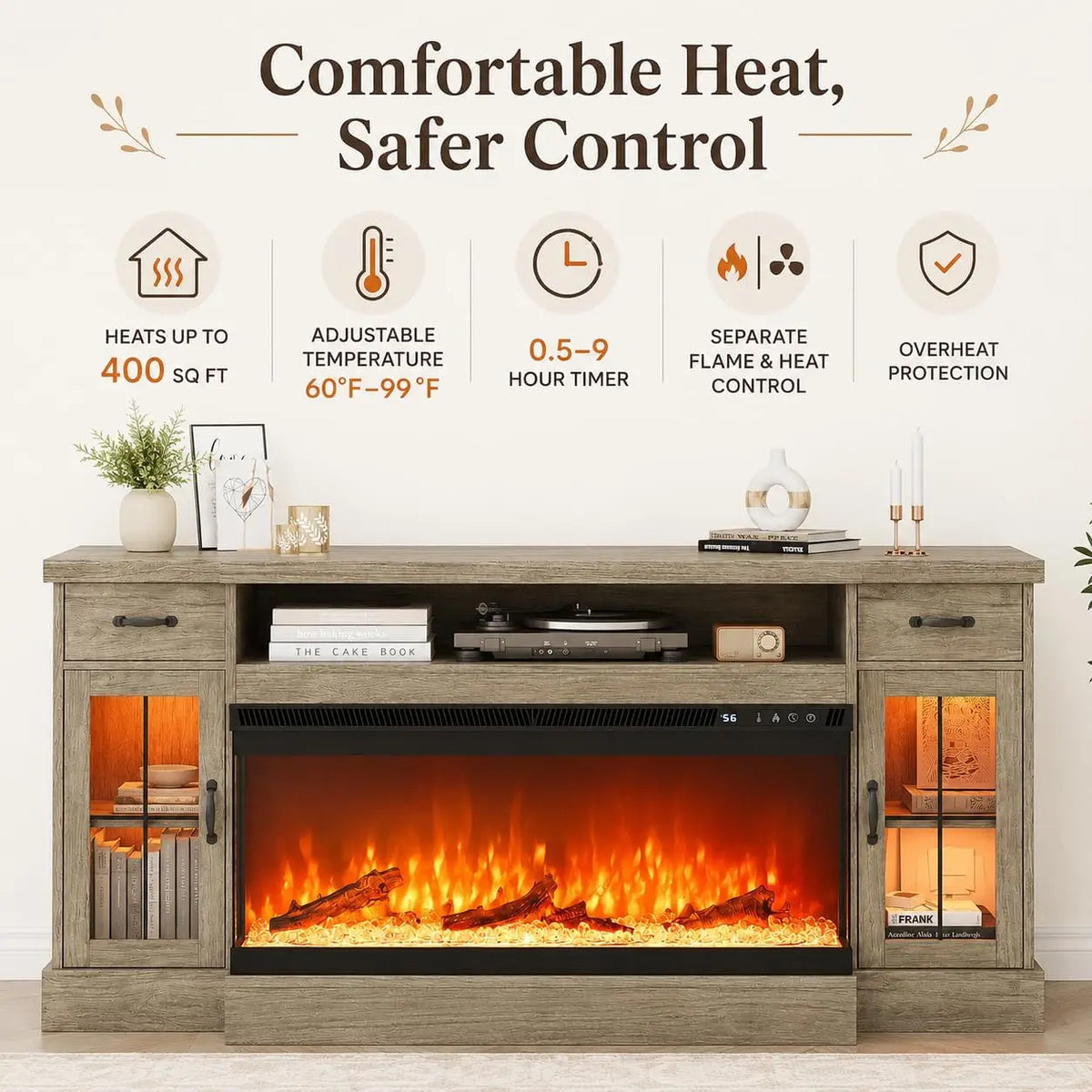 70" Farmhouse TV Stand with 3-Sided Electric Fireplace, Wash Grey