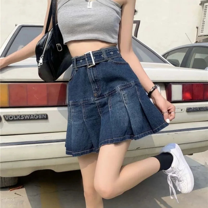 Spicy Girl Denim Half Skirt Women's Summer 2026 INS New Korean Retro High Waist Slim A-Line Pleated Short Skirt Trendy
