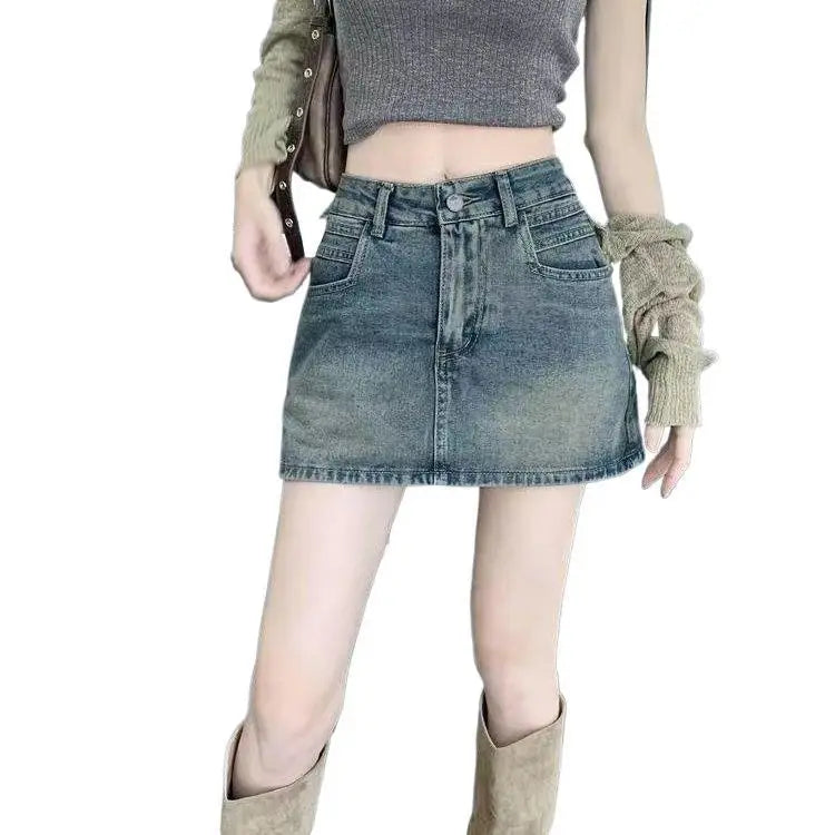 American Retro High Waist Denim Mini Skirt Women's Slimming Sexy Letter Print Half Body Skirt Casual Cotton Blend Fabric