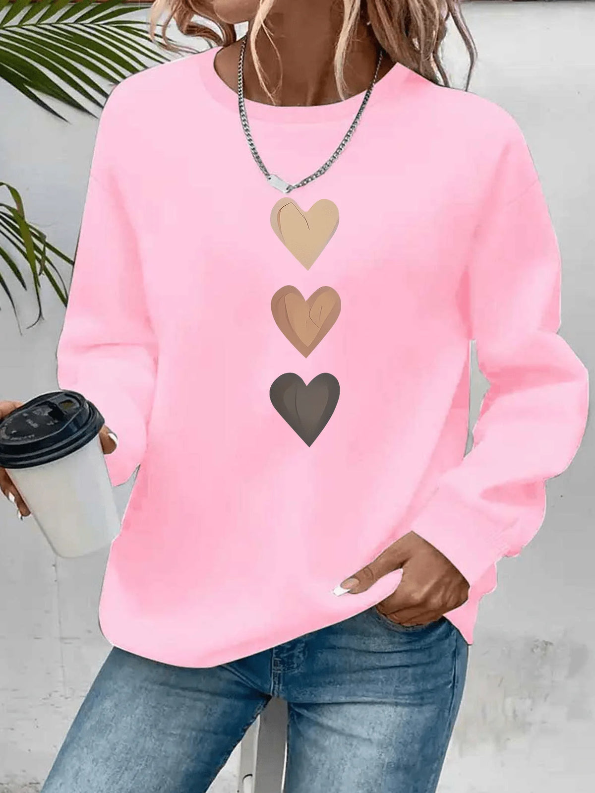 Women's Casual Heart Print Pullover Sweatshirt - Long Sleeve Knit