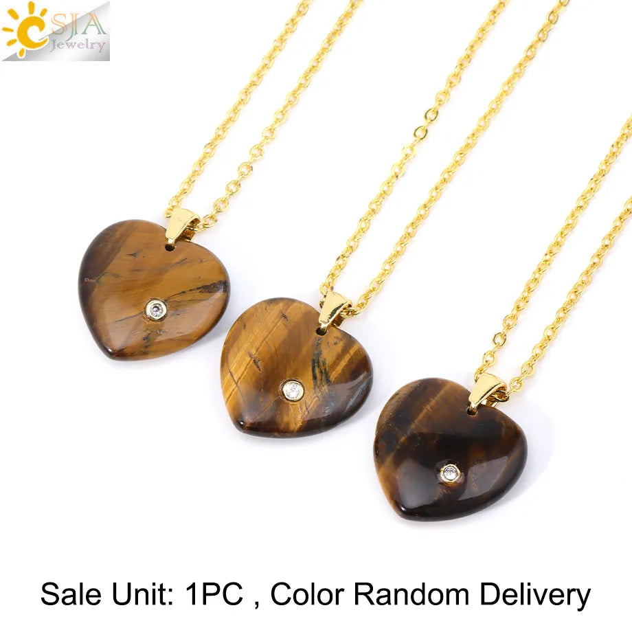 Csja Stainless Steel Heart Pendant Necklace With Natural Stone Amethyst Rose Quartz Crystal For Women DIY Jewelry Makers