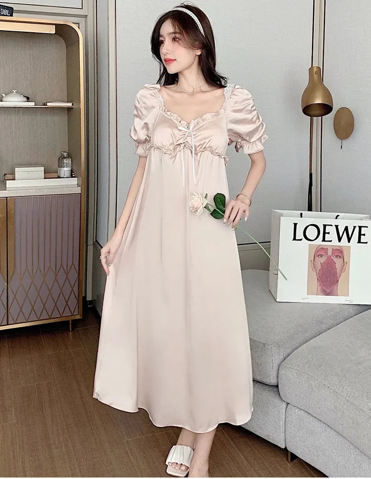 Satin Long Nightgown Women Sweet Lovely French Sleepwear Retro Silk Short Sleeve Sleepshirt Ladies Fashion Nightdress Home Dress