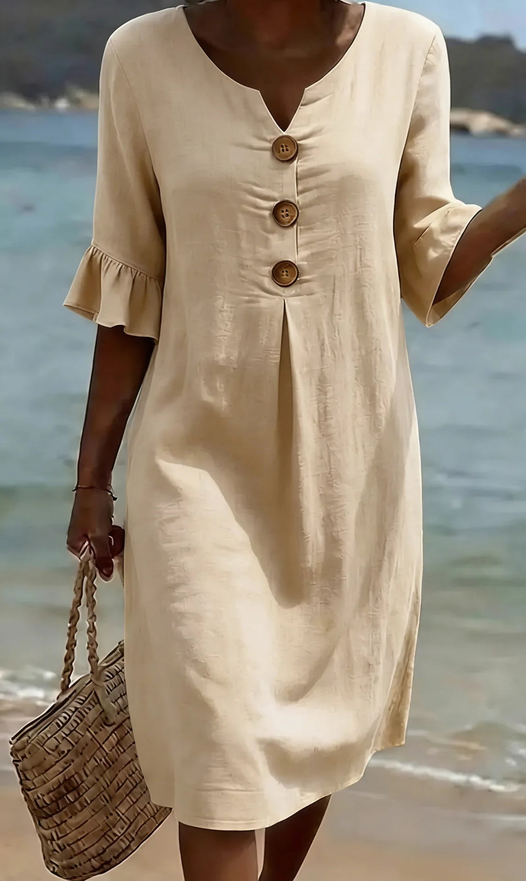 Simple Casual Women's Solid Color Midi Dress V Neck Button 3/4 Sleeve Loose 2026 New Summer Beach Vacation Dresses With Pockets