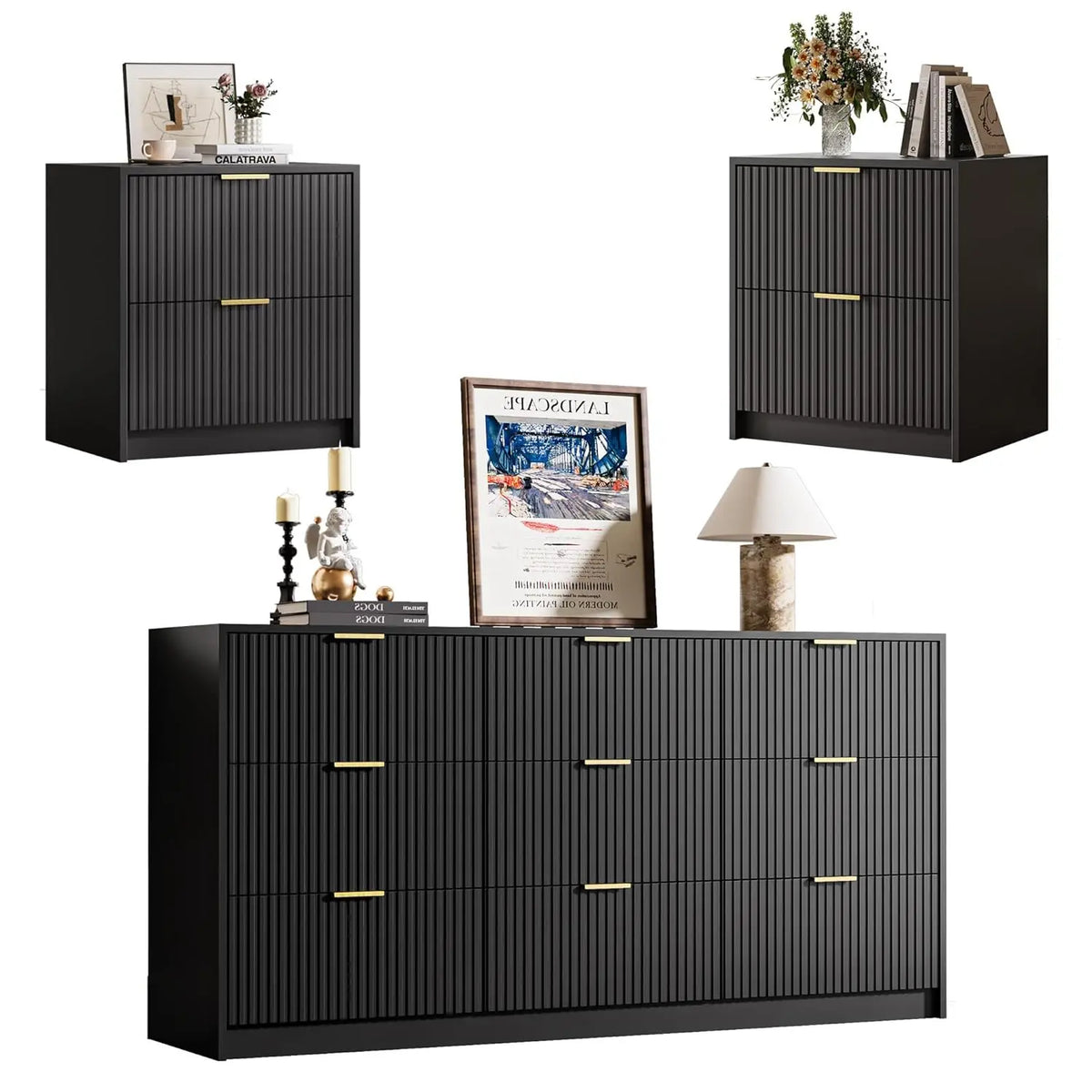 3-Piece Bedroom Furniture Set: 9-Drawer Dresser & 2 Nightstands