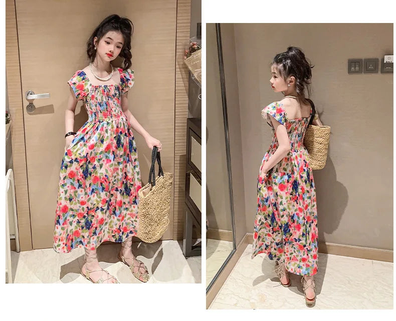 Girls floral dress summer dress children's summer thin princess dress older children girls skirt