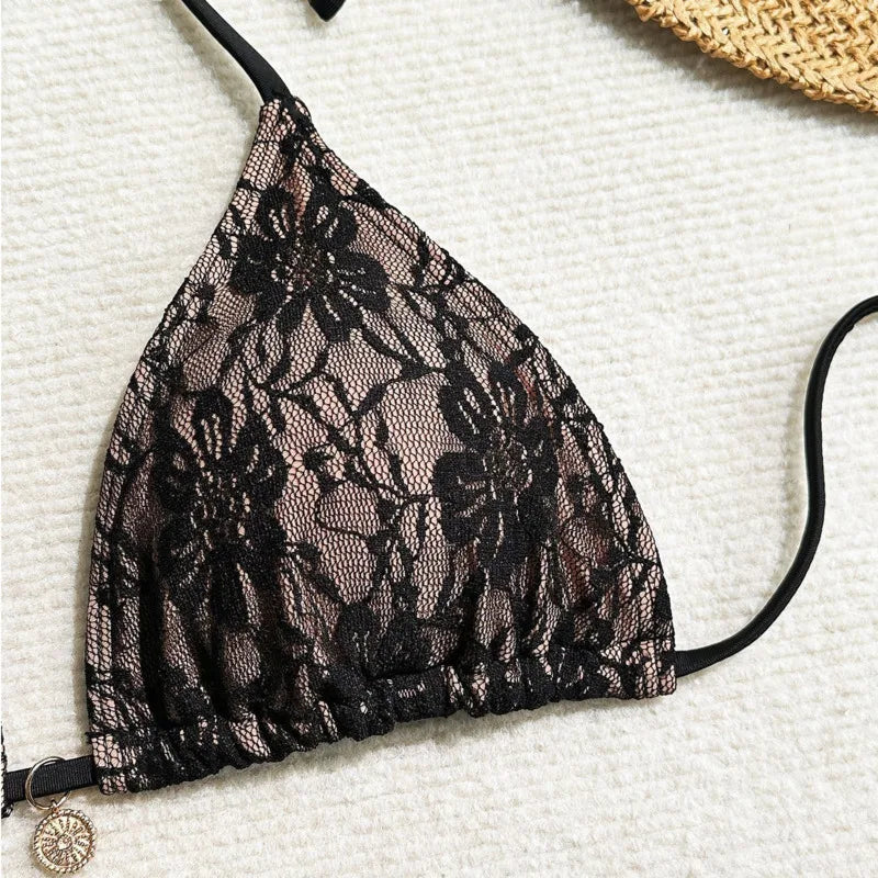 Women's Lace Contrast Brazilian Bikini Set – 3-Piece Sexy Swimsuit for Beach & Pool
