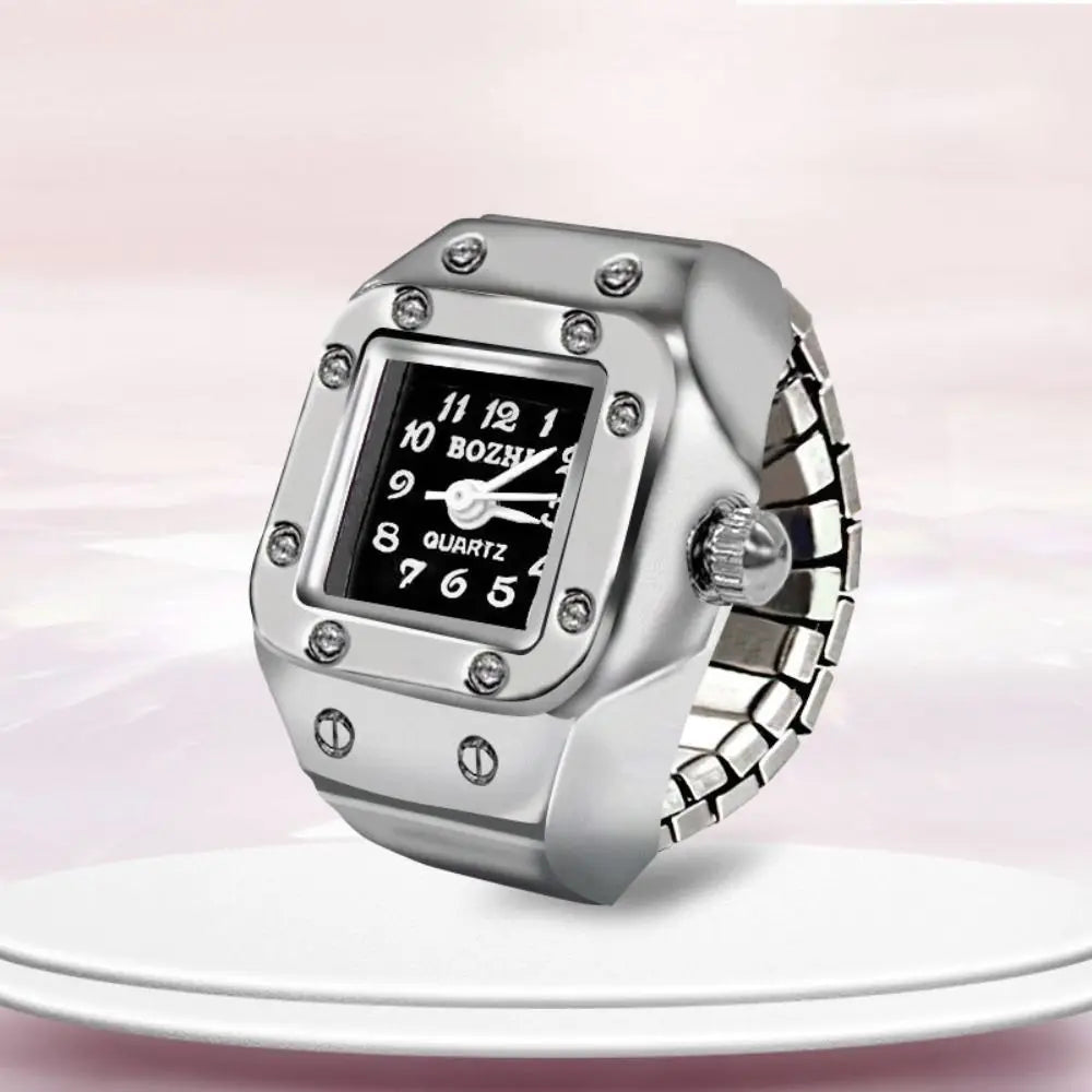 Finger Ring Watch For Couples Vintage Punk Heart Shape Quartz Clock With Adjustable Elastic Strap