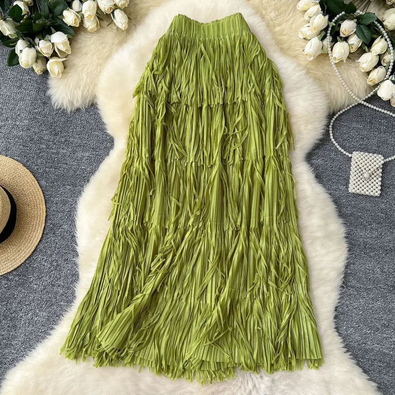 New In 2026 Spring Summer Tassel Midi Long Skirt For Women Trendy High Waist Streetwear Casual Skirts