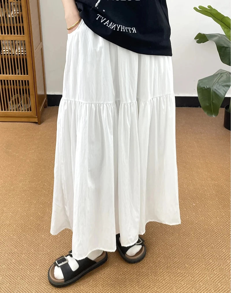 Summer Women Skirts Vintage High Waist Elastic Patchwork White Long skirt Chic pink skirt Long Cake A-line Skirt
