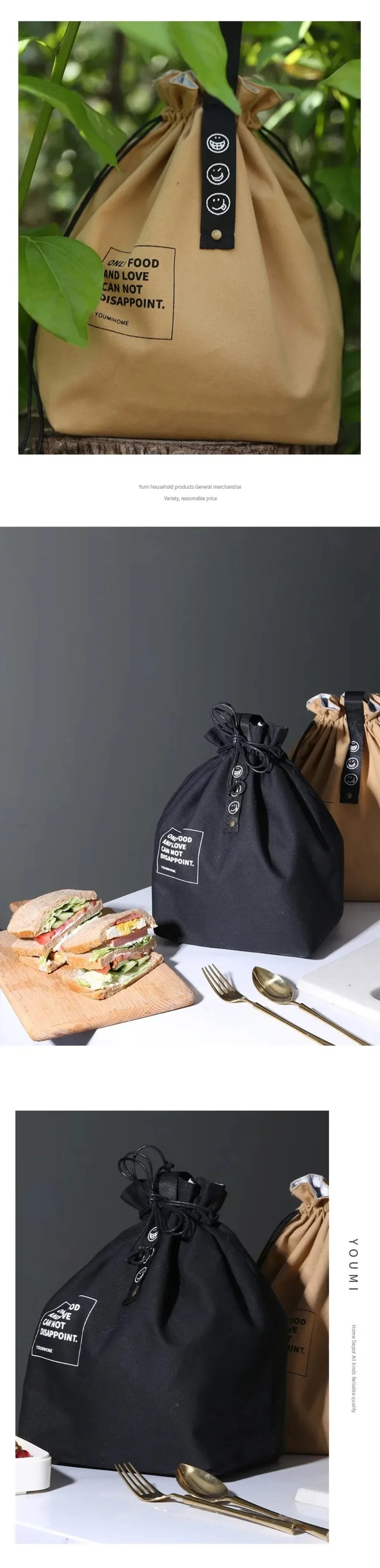 Bolsa de Picnic Portátil de Lona, Diseño con Cordón para Mantener Fresco, Bolsa Térmica Aislada para el Almuerzo Escolar