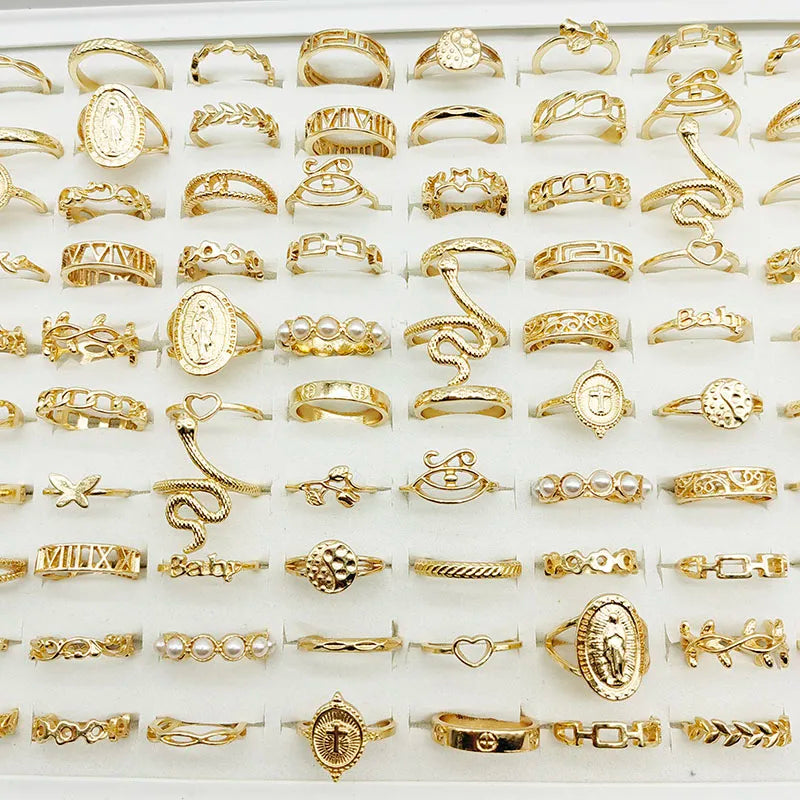 30Pc/Lot Gold Color Finger Rings For Girls New Love Snake Animal Butterfly Cutout Star Pearl Thin Joint Ring Jewelry Women'S