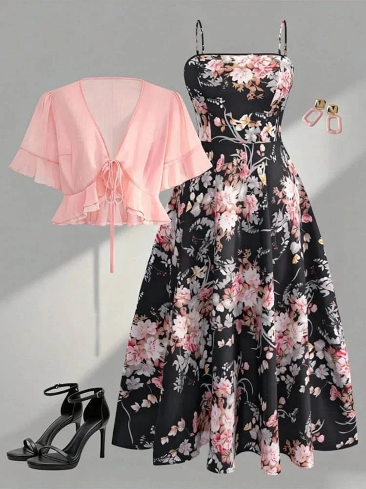 Plus Size Short Sleeve Tie Front Cardigan + Spaghetti Strap Midi Dress Matching Outfit Set For Women Floral Print A Line Dress Elegant Party Dating Commute Daily Fashion Outfit
