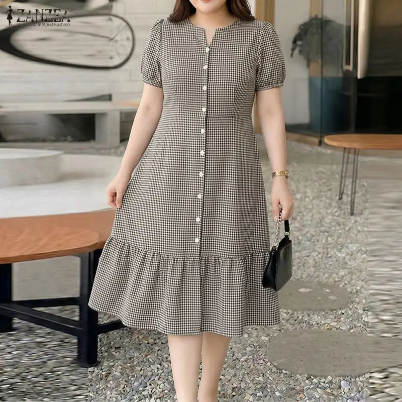 ZANZEA 2026 Summer Sundress Women Elegant OL Work Dress Plaid Checked Short Sleeve A Line Vestidos Robe Stylish Holiday Dresses