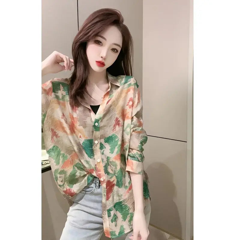 Spring 2026 Floral Print Loose Long Sleeve Women's Shirt Fashionable Versatile Korean Style Commute Polonaise Polyester Fiber