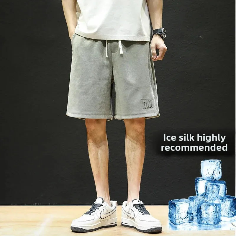 American Style High Street Men's Summer Thin Knit Sweatpants Casual Trendy Brand Plus Size Straight Leg Loose Fit Five Minute Pa