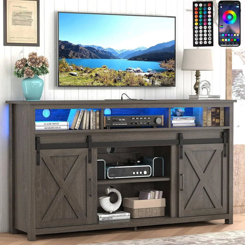 57" Farmhouse TV Stand with LED Lights, Power Outlets & Barn Doors