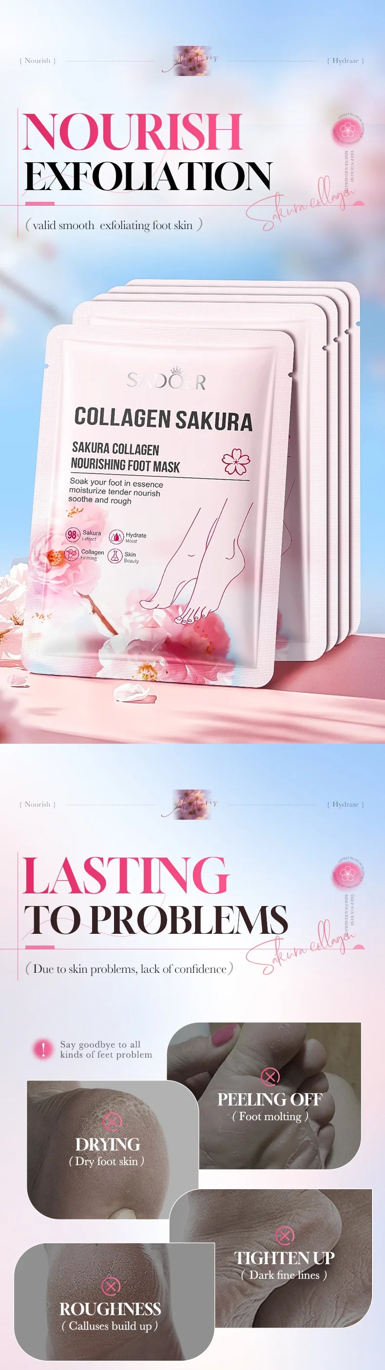 5 Pairs SADOER Collagen Sakura Nourishing Foot Mask Moisturizes Exfoliates And Nourishes Tender Smooth Feet Skin Care Masks
