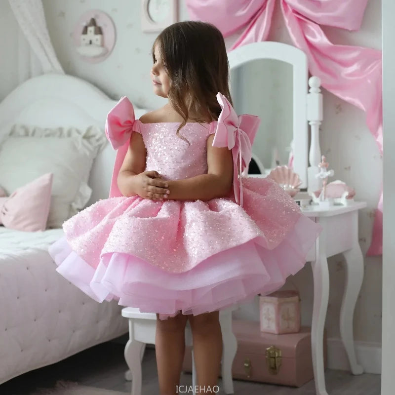 Party Dress Clothes Children Lovely Pink Flower Girl Wedding Sequins Beading with Bow Kids Birthday First Communion Ball Gowns