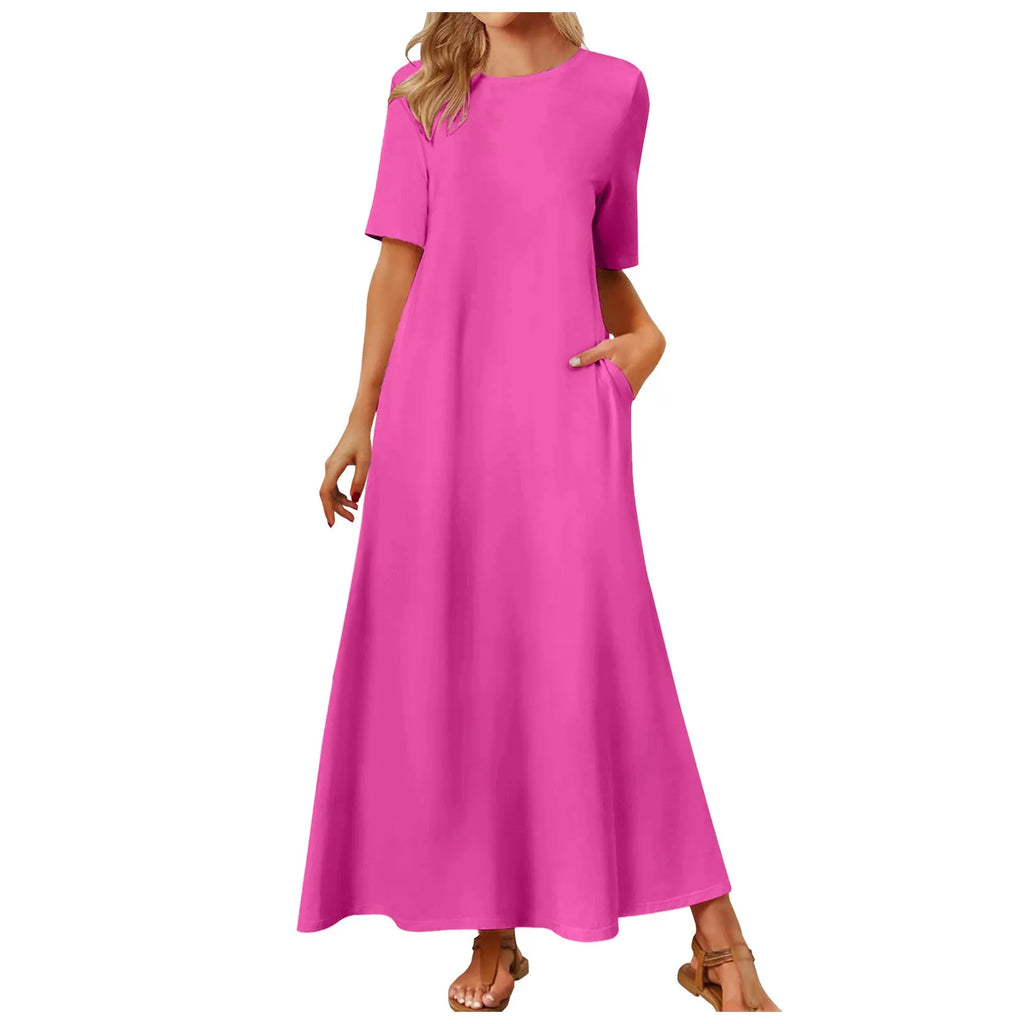 Women's Elegant Slim Fit Maxi Dresses Solid Short Sleeve O Neck With Pockets Ankle Length Dresses Casual Beach Holiday Dresses