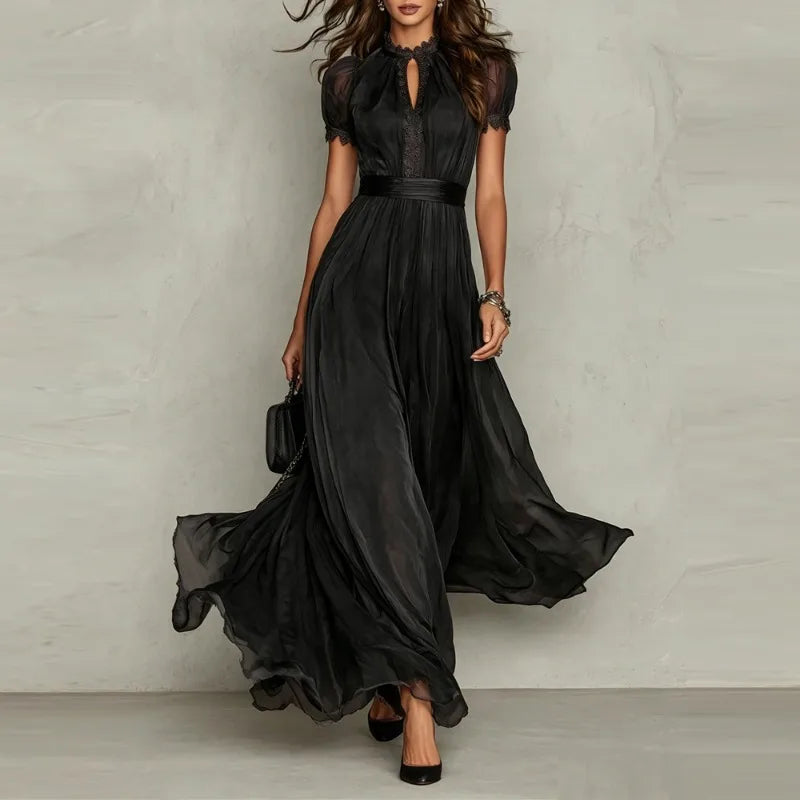 Elegant Chiffon Lace Trim Midi Dress Stand Collar Neck Puff Sleeve Cinched Waist Draped A Line Flowy Women's Casual Dresses
