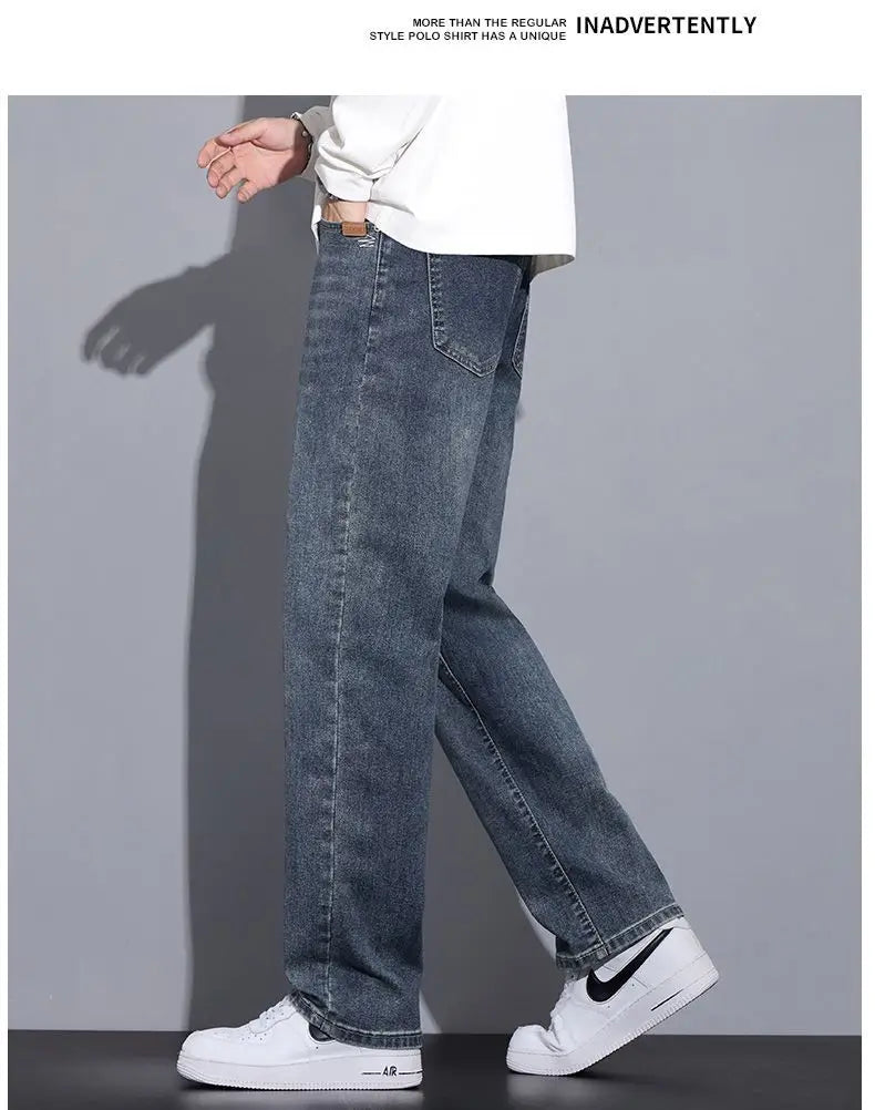 Black Casual Elastic Wide Leg Jeans Men's Loose Straight Fit Jeans Trendy Autumn Winter Long Pants Korean Style Basic Model