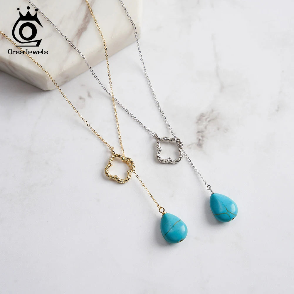 ORSA JEWELS Bohemia Turquoise Stone Pendant Necklace 925 Silver for Women Clavicle Chain Delicate Wedding Party Jewelry GMN47